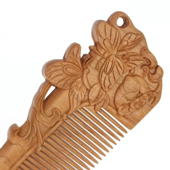 Peachwood Carved Flowers and Butterflies Seamless Pocket Hair Comb