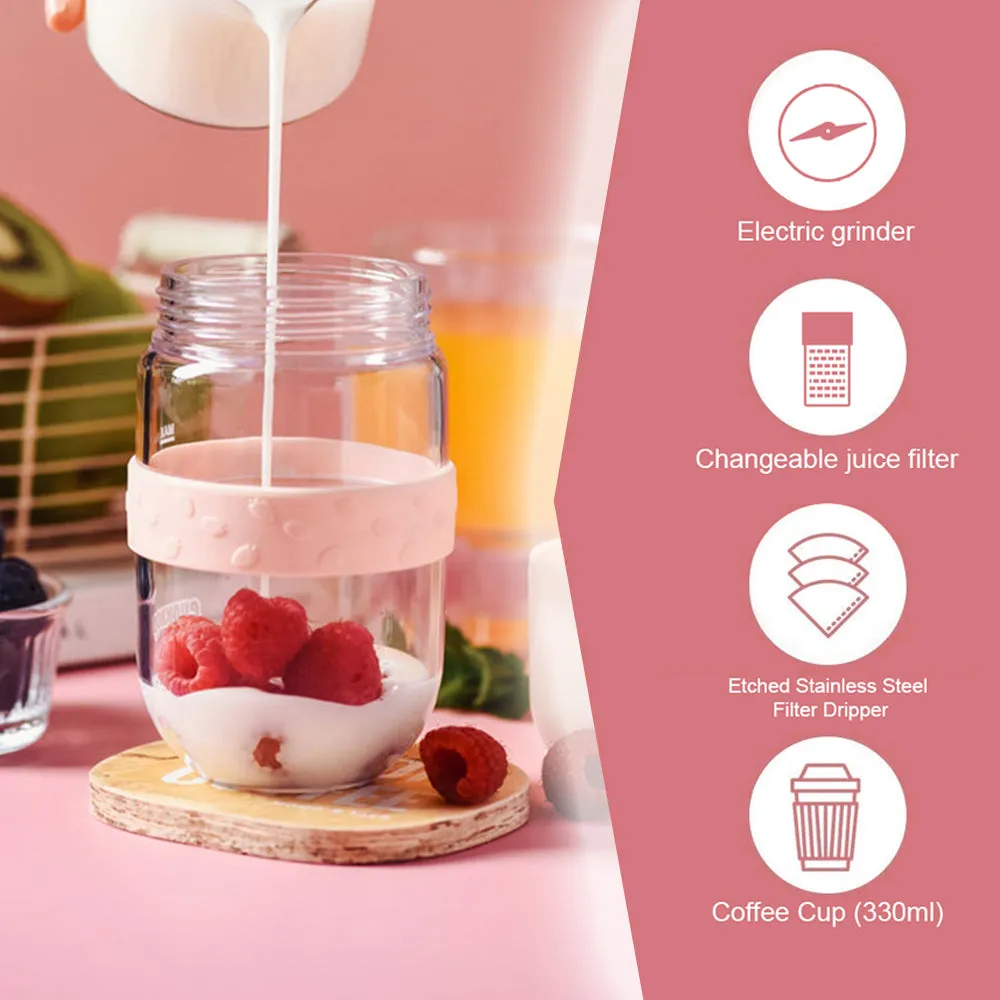 Pink All in1 Anywhere Portable Drip Pour Over Coffee Maker   Electric Grinder   Juice Blender Anywhere Freshly Ground Coffee