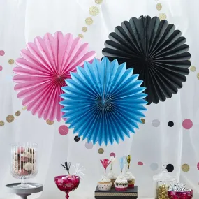 Pink Black Blue Pinwheel Fan Decorations Pack of 3