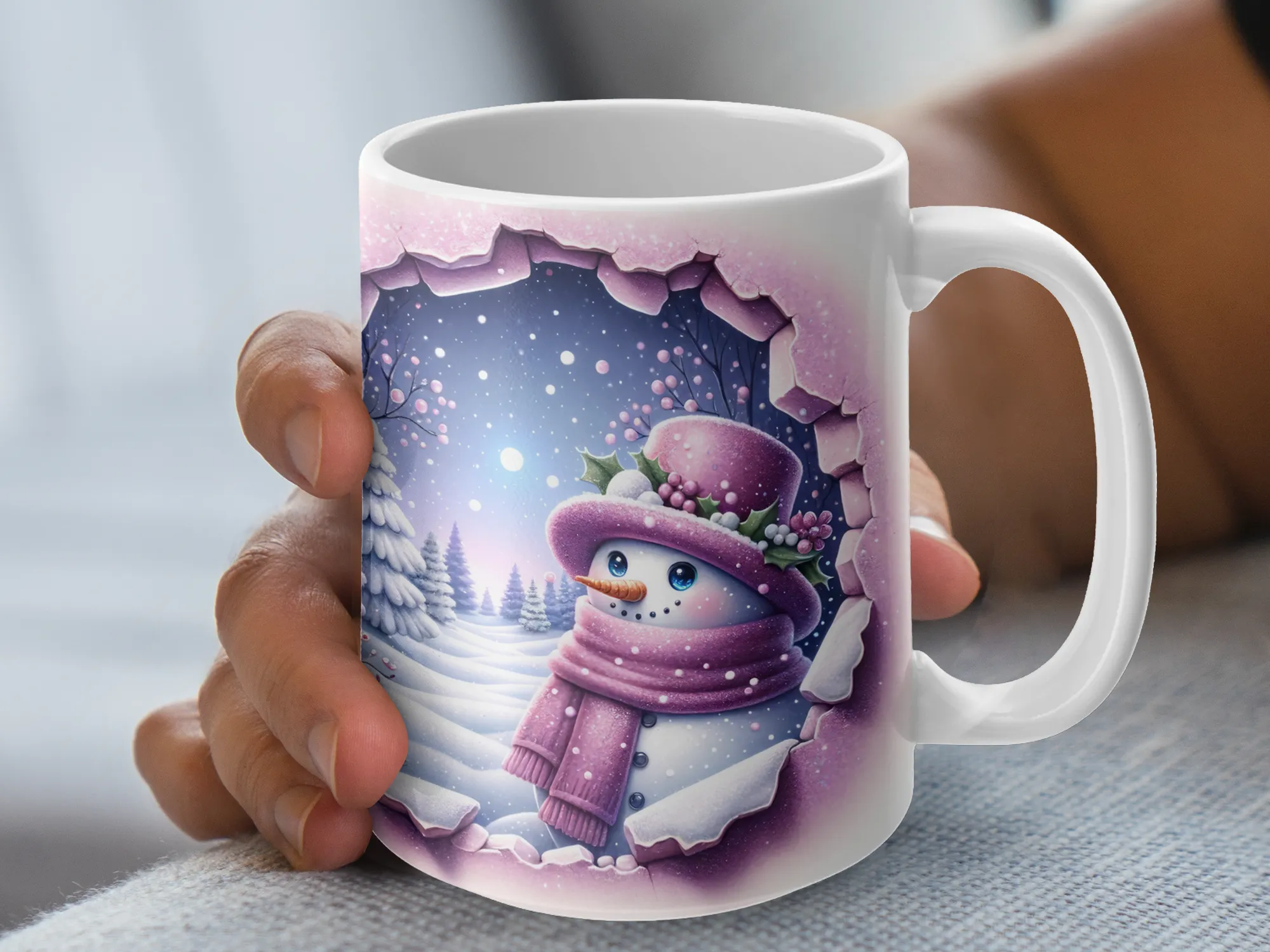 Purple Hole in Wall Snowman Coffee Mug, Snowman Mug Purple, Hole in the Wall Mug, Snowman Gift Mug, Snowman Lover Gift Cup