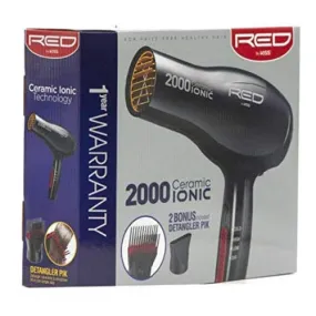 RED BY KISS 2000 Ceramic Ionic Hair Blow Dryer 2 Bonus Detangler Pik included