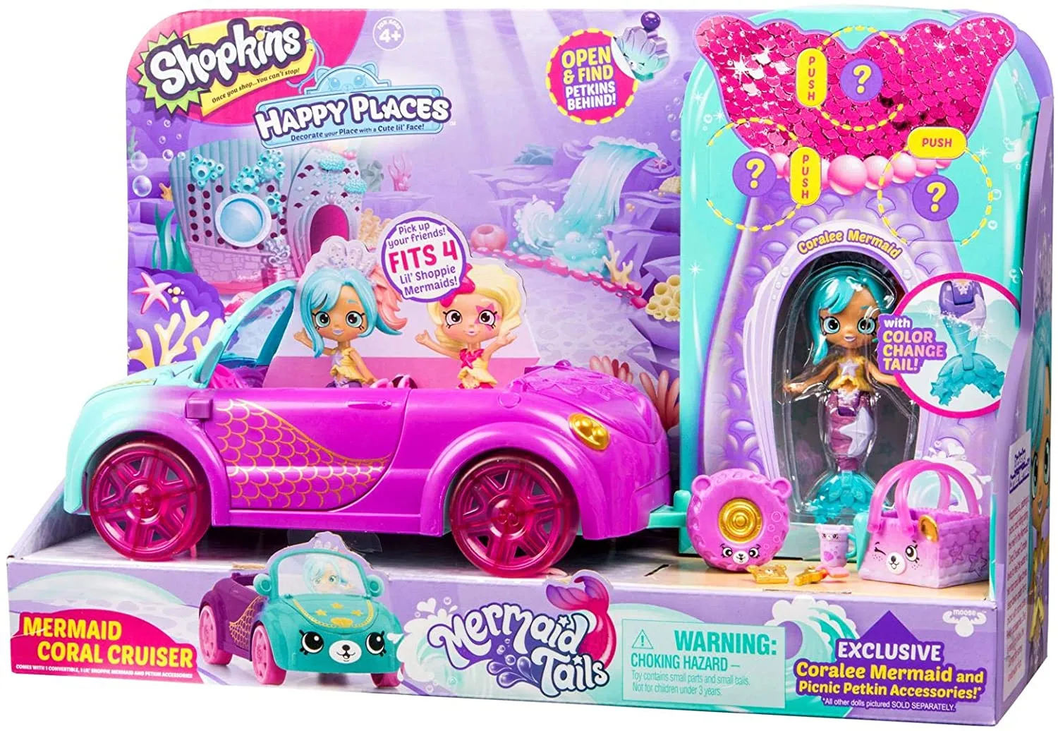 Shopkins Happy Places Mermaid Convertible Vehicle Fun Toy Car, Multicolor