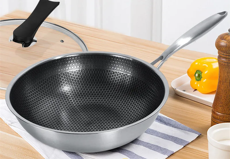 Stainless Steel Wok Non-stick Pan Full Screen Honeycomb Design No Lampblack No Coating Frying Pan Kitchen Tools Kitchenware New