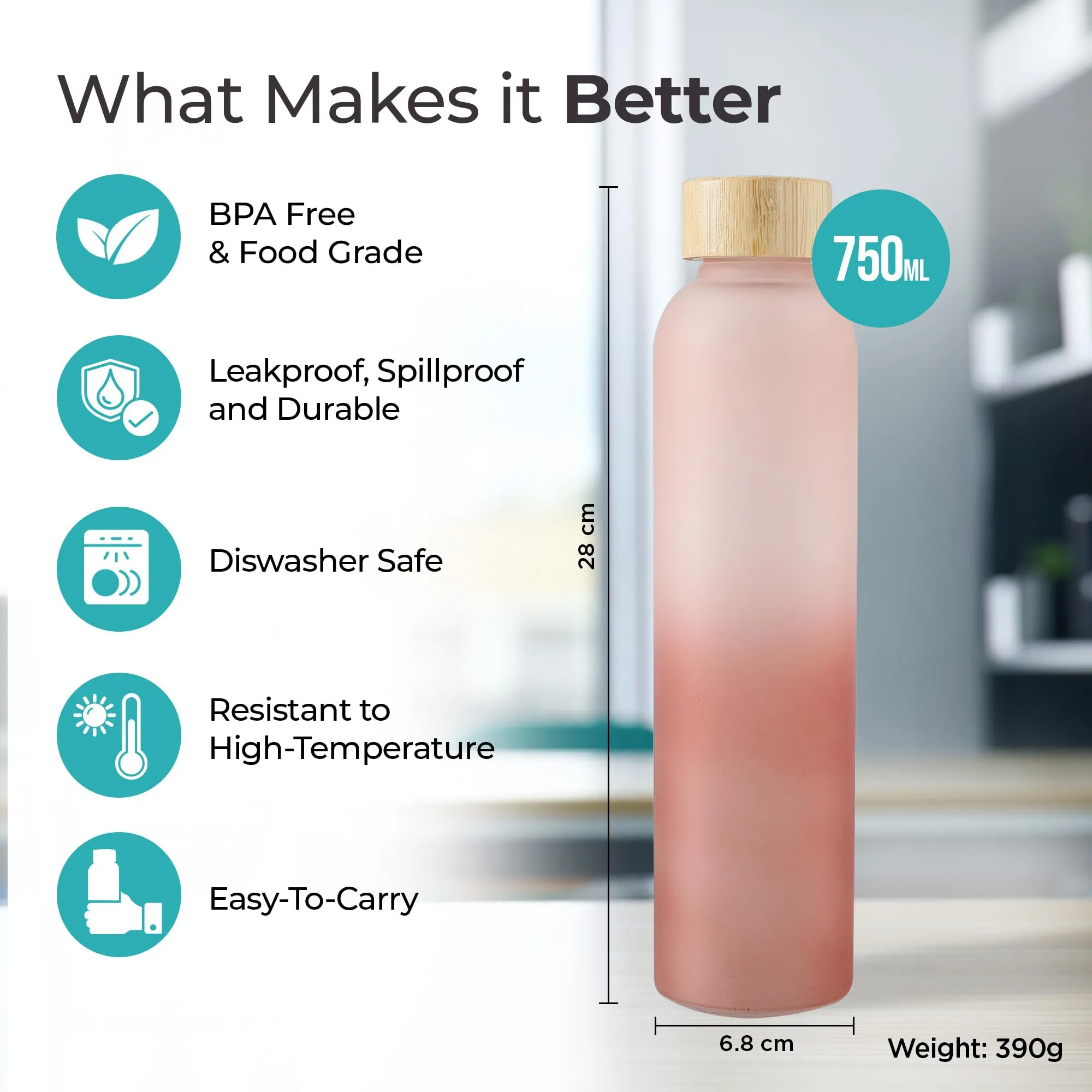 The Better Home Borosilicate Glass Water Bottle with Sleeve (500ml) | Bamboo Lid | Fridge Water Bottles for Men, Women (Light Pink-Dark Pink)