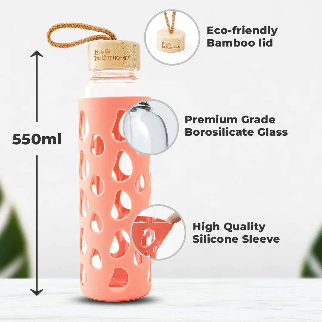 The Better Home Borosilicate Glass Water Bottle with Sleeve 550ml | Non Slip Silicon Sleeve & Bamboo Lid | Water Bottles for Fridge (Pack of 5)