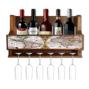 Wooden Wine Bottle Rack Wall Mounted Cabinet for 5 Bottles 6 Glasses - Map