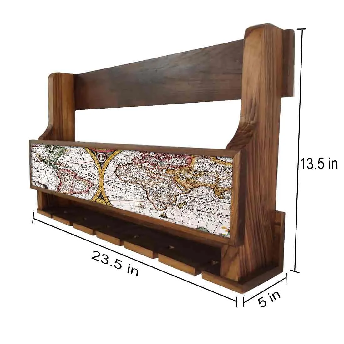 Wooden Wine Bottle Rack Wall Mounted Cabinet for 5 Bottles 6 Glasses - Map