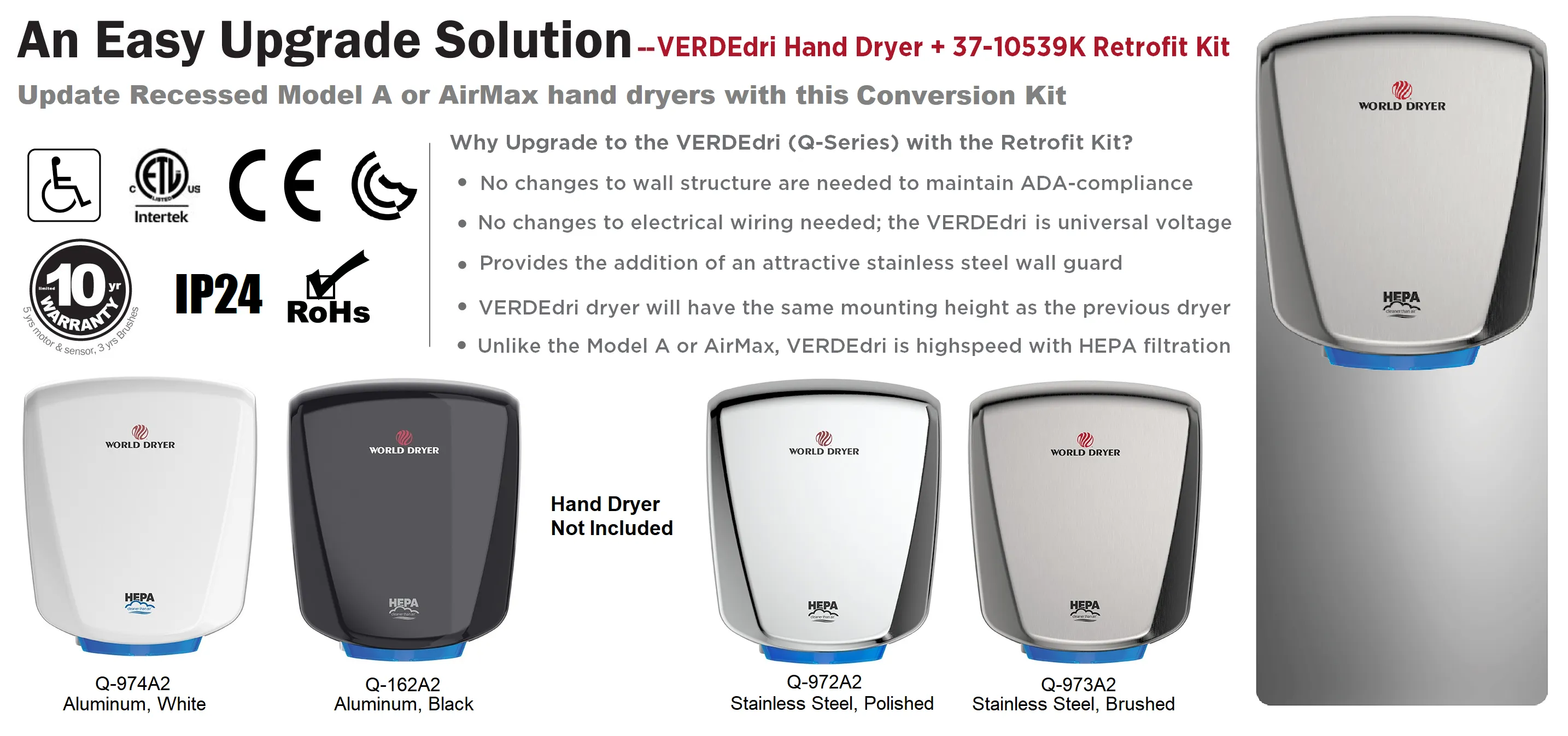 WORLD DRYER® Model# 37-10539K® VERDEdri® Q-Series Retrofit Kit (Adapter Plate) - Brushed (Satin) Stainless Steel (HAND DRYER NOT INCLUDED)