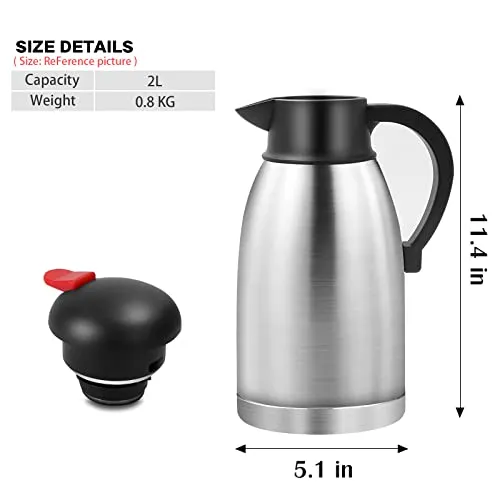 Yummy Sam Thermal Coffee Carafe Stainless Steel 68oz(2 Lifter) Double Walled Vacuum Coffee Thermos Water Beverage Dispenser 12 Hour Heat Retention/24 Hour Cold Retention (Light Silver)