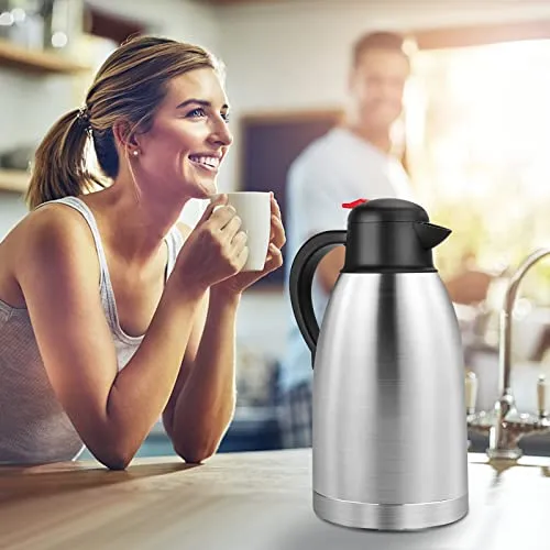 Yummy Sam Thermal Coffee Carafe Stainless Steel 68oz(2 Lifter) Double Walled Vacuum Coffee Thermos Water Beverage Dispenser 12 Hour Heat Retention/24 Hour Cold Retention (Light Silver)