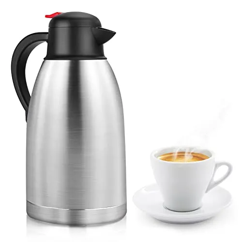 Yummy Sam Thermal Coffee Carafe Stainless Steel 68oz(2 Lifter) Double Walled Vacuum Coffee Thermos Water Beverage Dispenser 12 Hour Heat Retention/24 Hour Cold Retention (Light Silver)