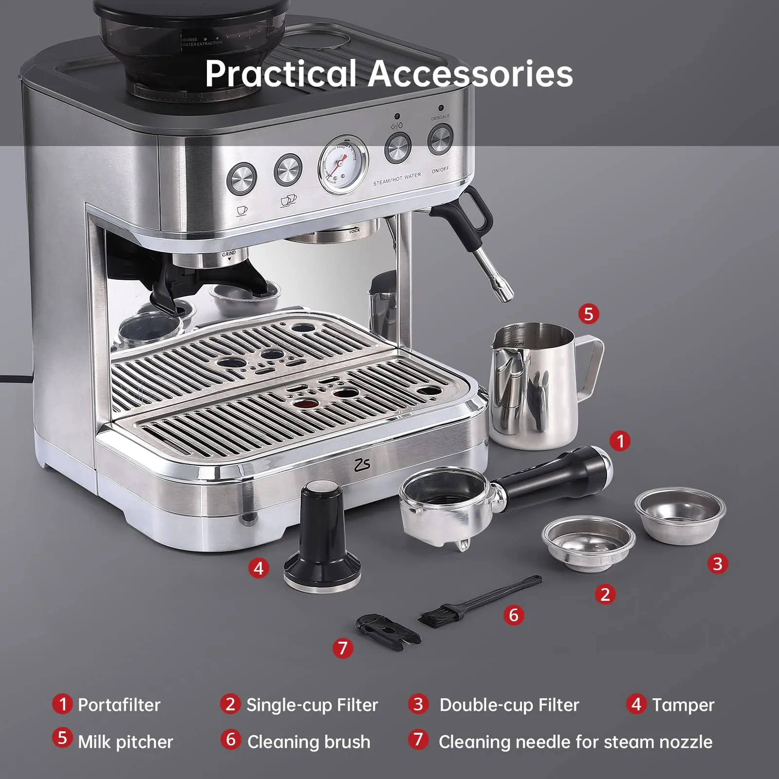 ZSTAR Espresso Machine with Milk Frother and Grinder 15 Bar Automatic Espresso Coffee Machine Coffee Maker